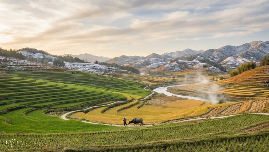 Terraced fields and countryside shifting through the four seasons under a luminous sky, evoking the rhythm of the Twenty-Four Solar Terms