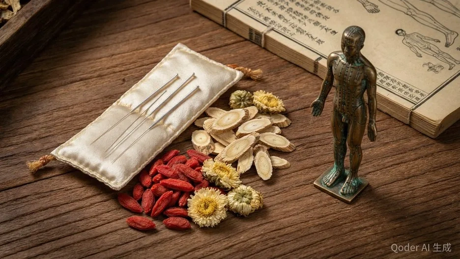 Traditional Chinese medicine herbs, acupuncture needles, and a bronze meridian figure