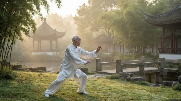 An elderly man practicing tai chi in a misty garden