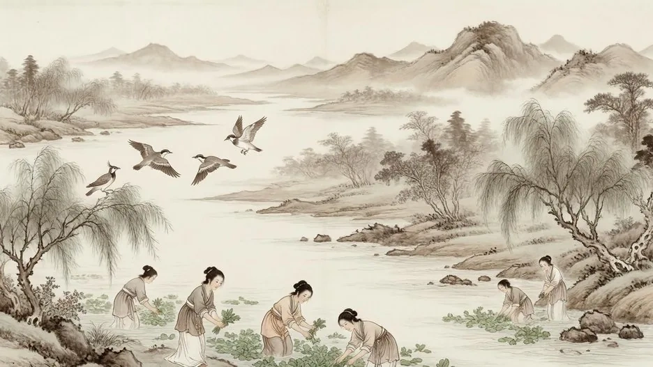 Misty river landscape evoking the world of the Book of Songs — millet fields, riverbanks, and the ancient northern Chinese plain