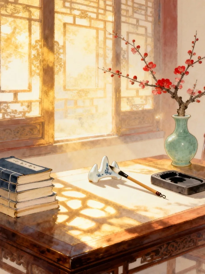 Classical Chinese thread-bound books and a writing brush on a scholar's desk in warm morning light
