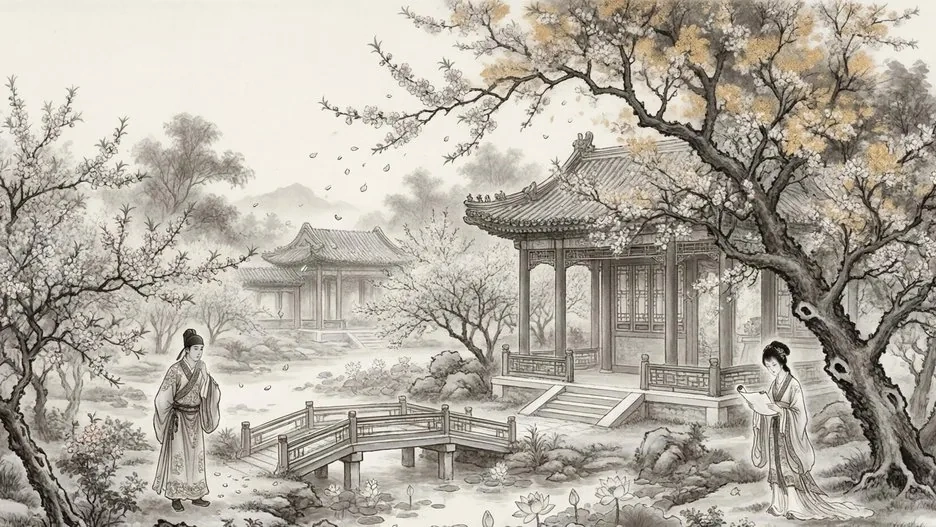 A lush traditional Chinese garden with pavilions, blossoming plum trees, and young women in Qing dynasty dress walking along a covered corridor