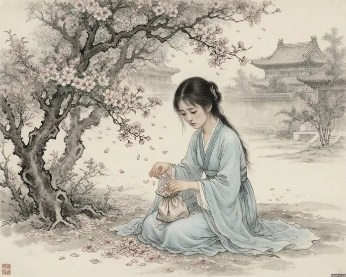 A scene from a traditional Chinese painting showing young women composing poetry in an elegant garden pavilion surrounded by lotus ponds and willow trees