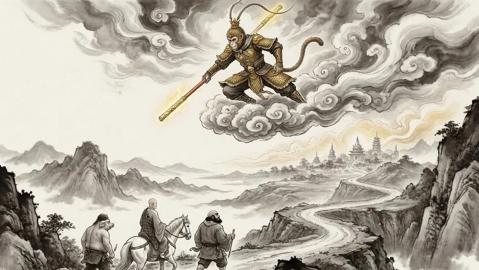 Sun Wukong the Monkey King astride a cloud, golden staff in hand, surveying a landscape of mountains and demons below