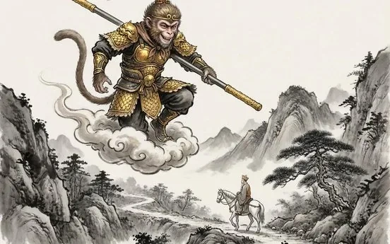 A monkey warrior on a cloud evoking Journey to the West