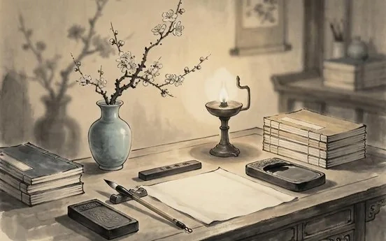 Classical Chinese books and a writing brush on a scholar's desk