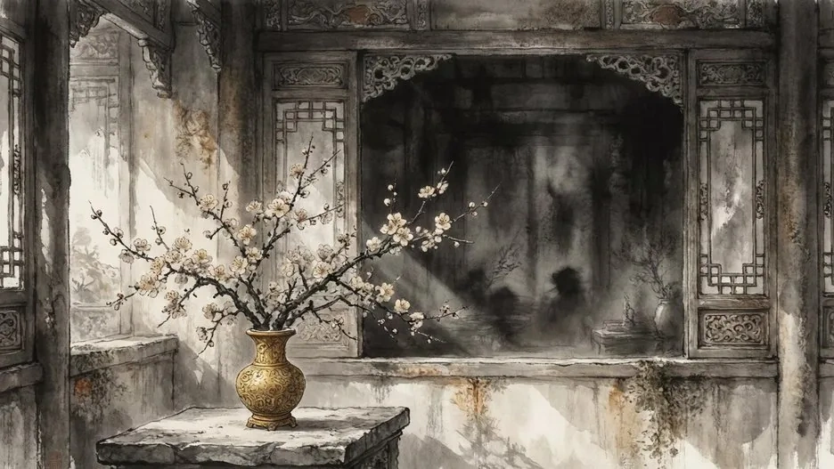 An ornate Ming Dynasty golden vase with plum blossoms, evoking the novel's title and its world of domestic luxury and moral decay