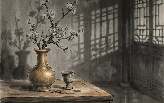 An interior courtyard with plum blossoms evoking Jin Ping Mei