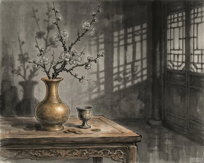 Illustration from an early woodblock edition of Jin Ping Mei, depicting a domestic scene within Ximen Qing's household compound
