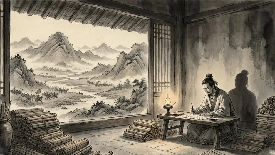 Ancient bamboo scroll manuscripts arranged beside a bronze ink stone, evoking the Han Dynasty court where Sima Qian composed his masterwork
