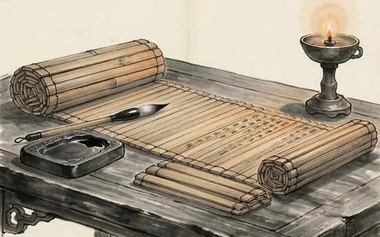 Bamboo scrolls and a scholar's lamp evoking Sima Qian's history