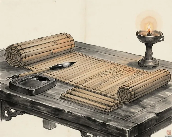 A traditional Chinese ink painting depicting Sima Qian writing by lamplight, scrolls piled around him in his study