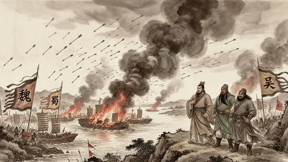 A sweeping ink-wash panorama of ancient Chinese armies clashing along a river gorge, with war banners and burning ships at Red Cliffs