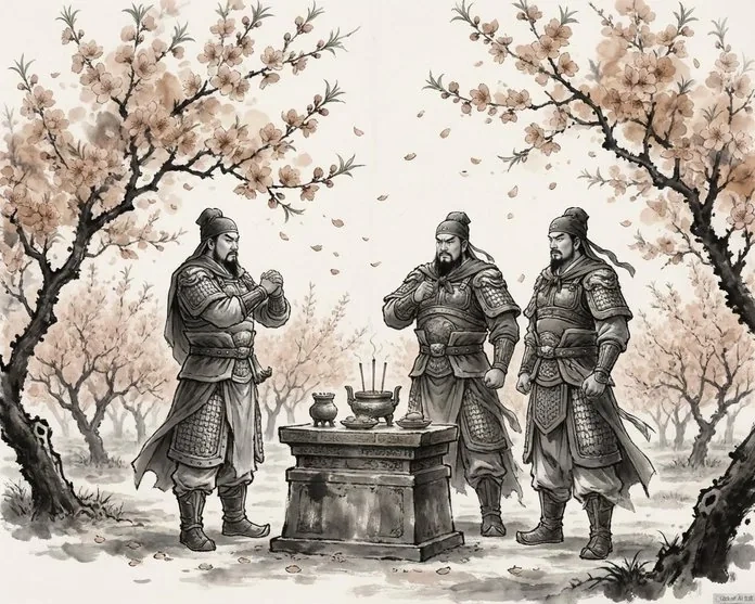 A classical Chinese painting depicting the three sworn brothers Liu Bei, Guan Yu, and Zhang Fei taking their oath in a blossoming peach garden