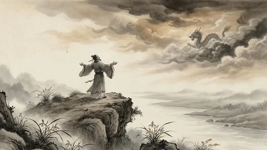 Lush southern waterways and mist-shrouded mountains evoking the shamanic landscape of the Songs of Chu