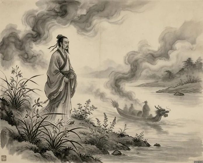 A traditional ink painting of Qu Yuan, the exiled poet of Chu, wandering haggard by a river among reeds and mist