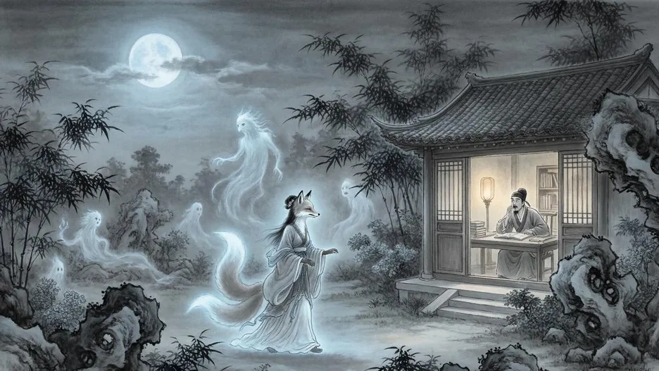 A moonlit Chinese scholar's studio surrounded by mist, with the suggestion of a fox spirit's silhouette among the trees, evoking the supernatural world of Liaozhai Zhiyi