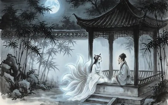 A fox spirit by moonlight evoking Strange Tales