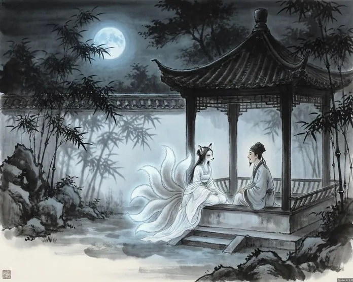 A classical Chinese ink painting depicting a scholar in his studio encountering an ethereal female fox spirit by moonlight, surrounded by books and autumn leaves