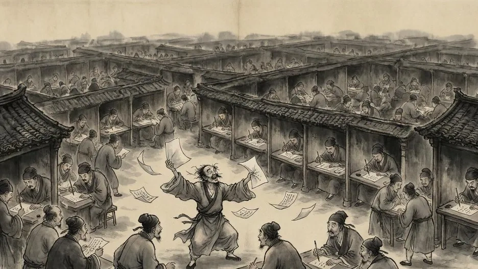 A Qing dynasty scholar hunched over examination papers by candlelight, ink and brushes scattered around a cramped study