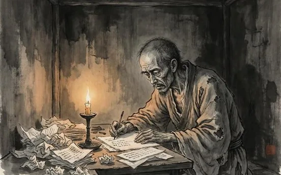 A scholar hunched over examination papers evoking The Scholars