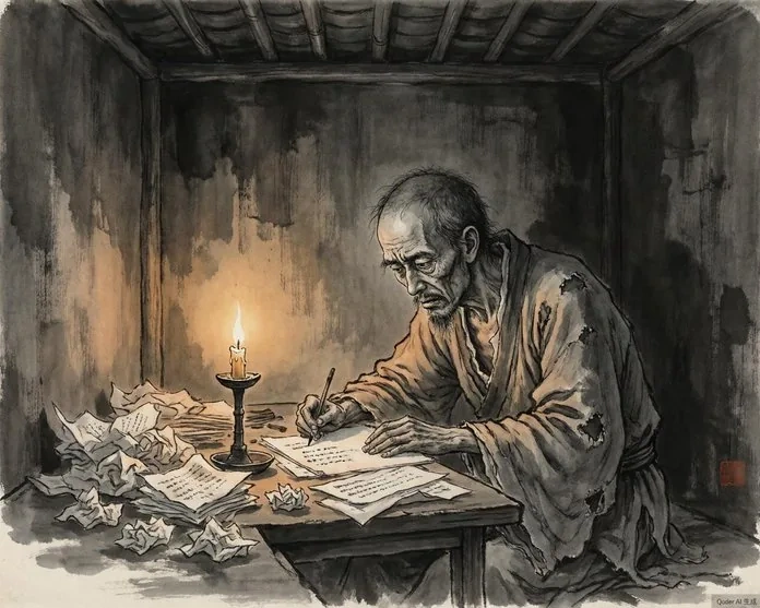 An illustration in traditional Chinese woodblock style showing scholars gathered in an examination hall, each in a narrow cell with writing materials
