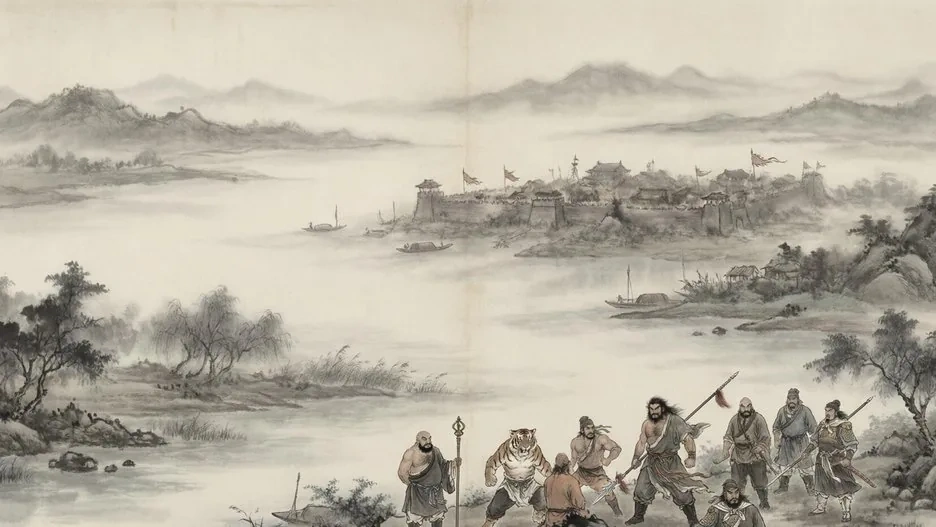 Dramatic illustration of the 108 heroes gathered at Liangshan Marsh, banners flying over the mountain stronghold