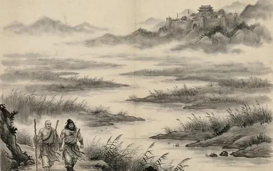 Marshland with outlaws gathering evoking Water Margin