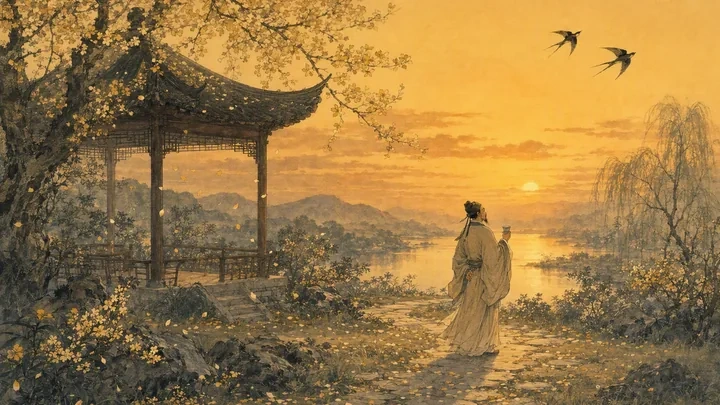 A small garden pavilion at dusk with falling petals on a winding stone path, swallows returning under an amber sky, and a solitary poet with wine