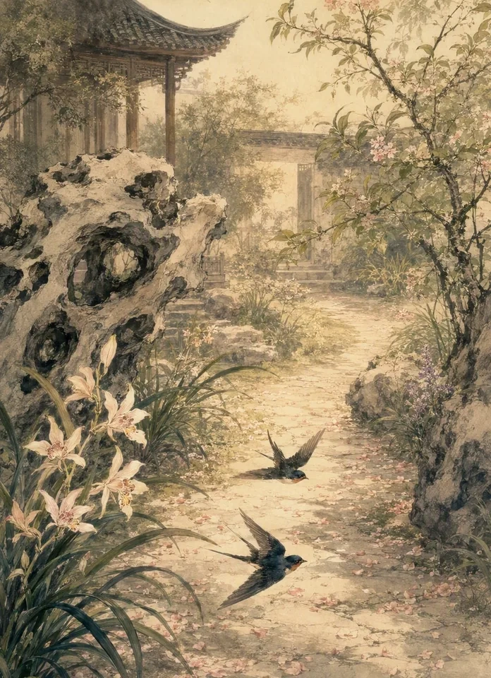 A pair of swallows skimming over a fragrant garden path strewn with fallen petals between ornamental rocks in late spring light
