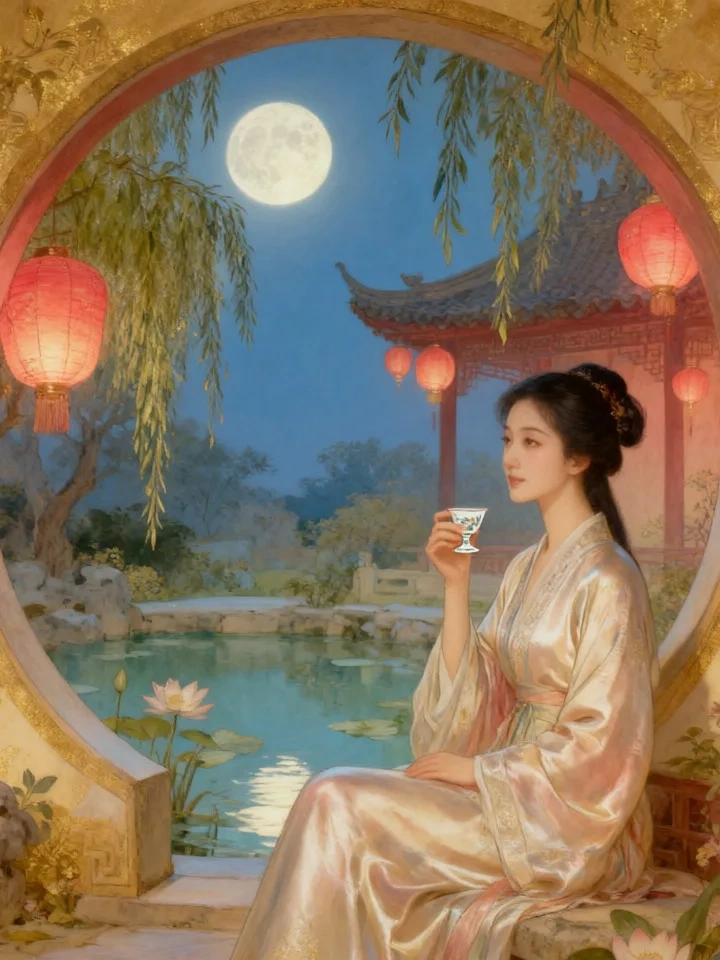 A Song poet beside a moon gate gazing at the full moon, lanterns glowing over a lotus pond