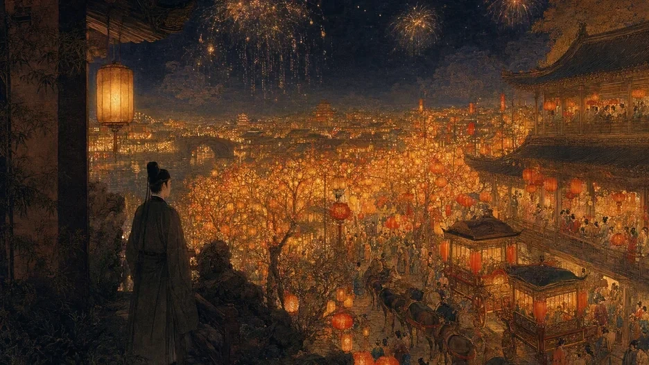 A Lantern Festival night in a Song dynasty city with thousands of glowing lanterns, fireworks overhead, and one solitary figure apart from the crowd