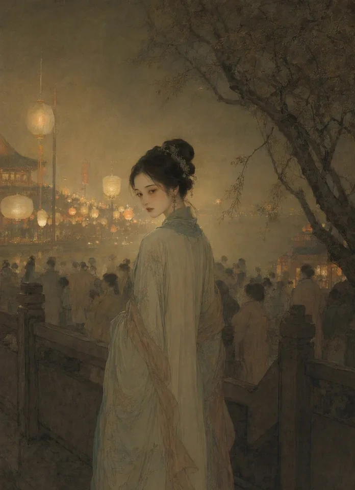 A single elegant figure in Song dynasty robes standing in dim fading lantern light at the edge of the festival crowd, glancing back over the shoulder