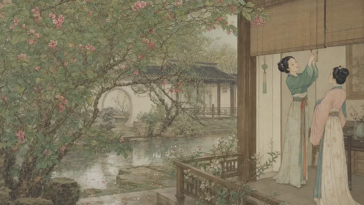 A Song dynasty garden after night rain with lush green leaves, fading red crabapple blossoms, and a noblewoman speaking with her maid at a rolled-up curtain