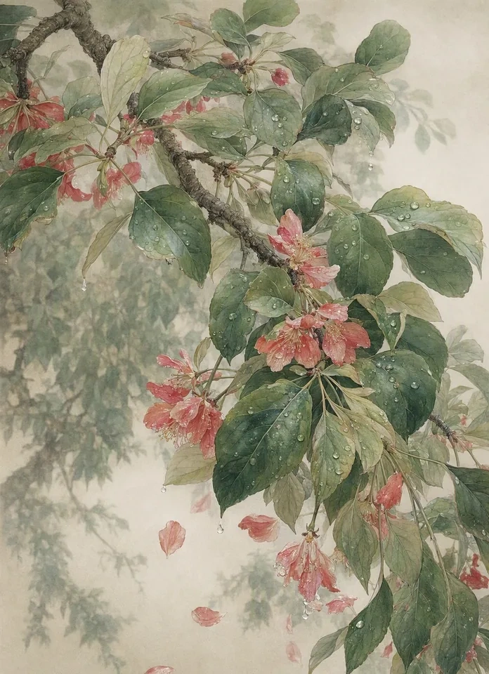 A rain-washed crabapple branch with lush green leaves and a few fading red blossoms, dew on the leaves in soft morning light