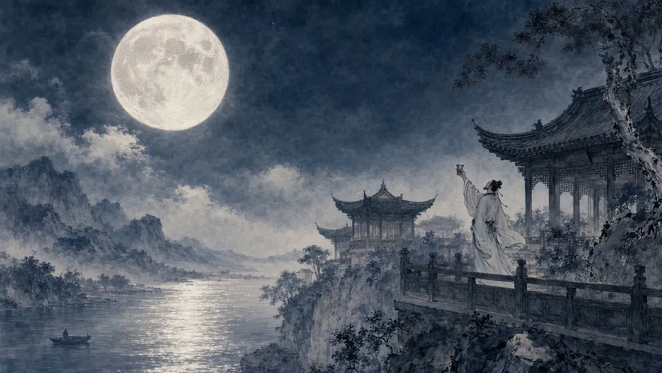 A full Mid-Autumn moon above Song dynasty riverside pavilions while a solitary poet raises a cup of wine toward the sky