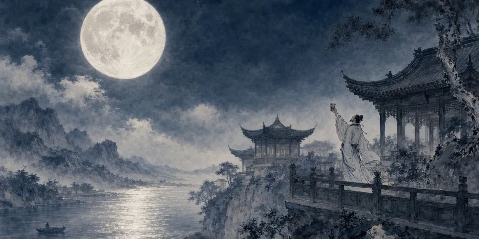A full Mid-Autumn moon above Song dynasty riverside pavilions while a solitary poet raises a cup of wine toward the sky