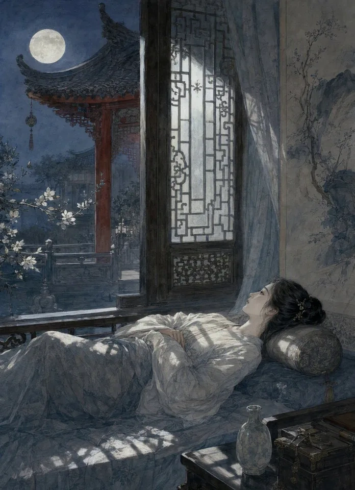 Moonlight crossing a vermilion pavilion and streaming through a lattice window onto a sleepless person's chamber at night