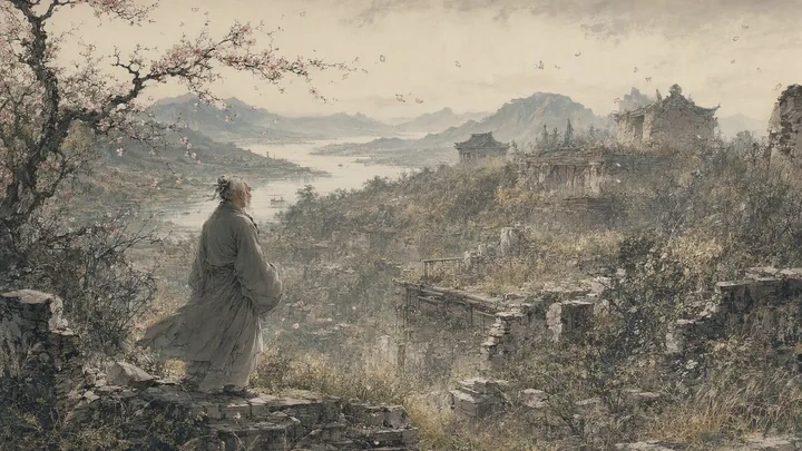 The ruined walls of Chang'an in springtime with wild grass over broken terraces and a sorrowful white-haired poet amid the ruins