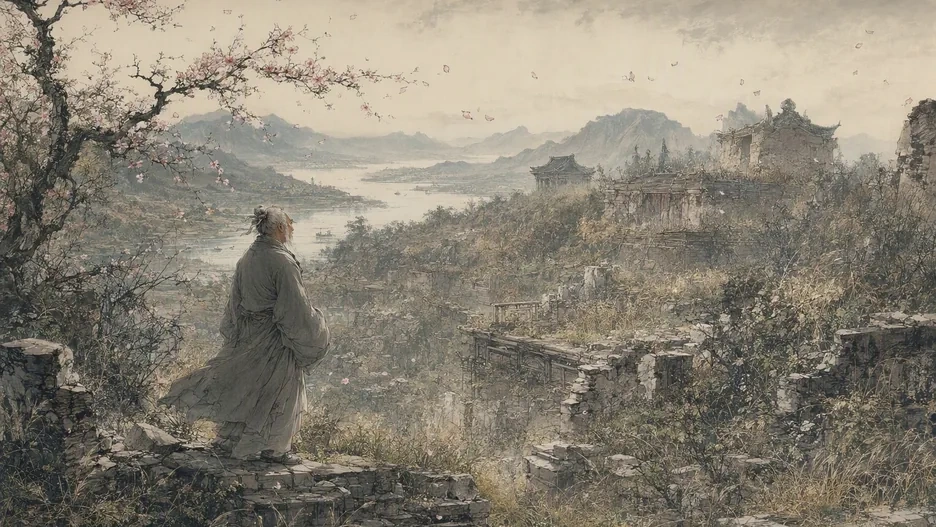 The ruined walls of Chang'an in springtime with wild grass over broken terraces and a sorrowful white-haired poet amid the ruins