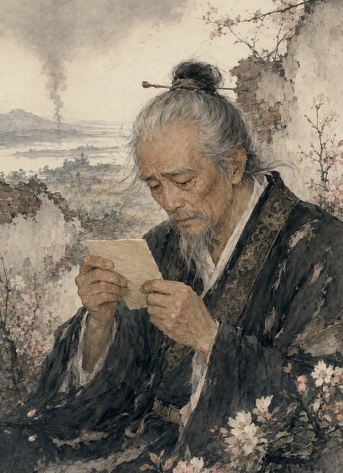 An elderly poet holding a precious family letter with trembling hands, beacon-fire smoke on the horizon and spring flowers blooming around a broken wall