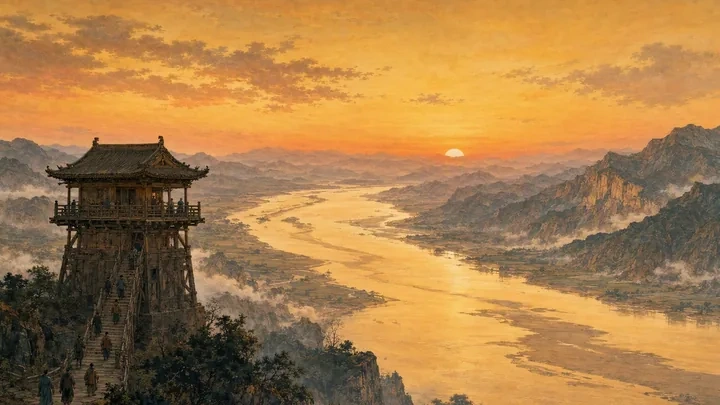 View from a tall tower over the Yellow River at dusk, the setting sun sinking behind mountains and the golden river flowing east