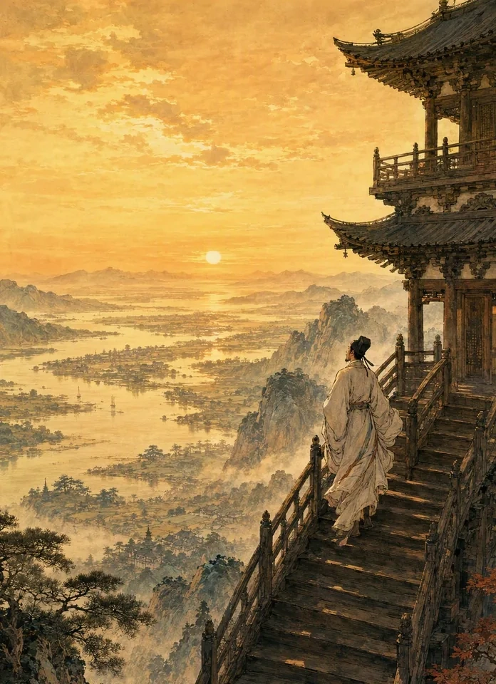 A scholar in Tang robes ascending the wooden stairs of a tall tower, gazing out at an immense river plain in golden evening light