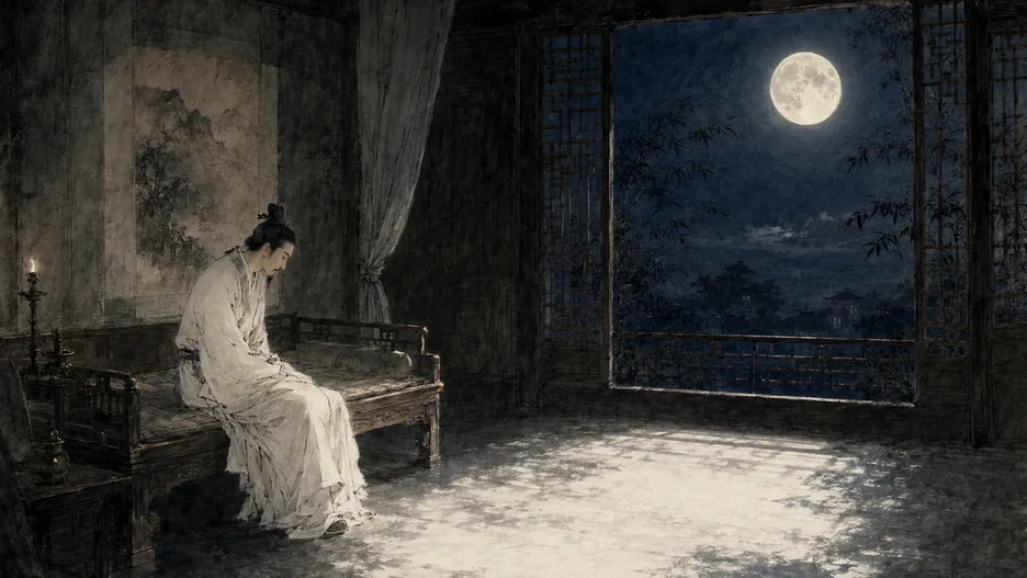 A Tang dynasty scholar sitting on a wooden bed at night, moonlight pooling on the floor like frost while a full moon shines through the lattice window