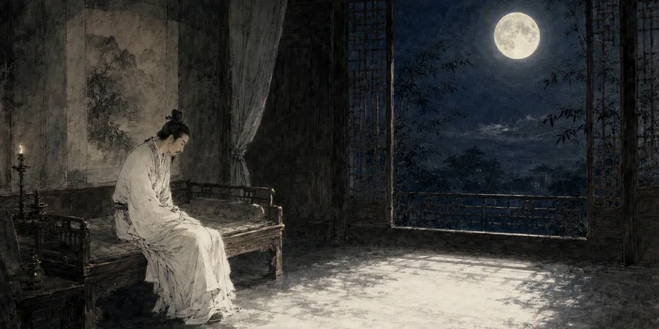 A Tang dynasty scholar sitting on a wooden bed at night, moonlight pooling on the floor like frost while a full moon shines through the lattice window