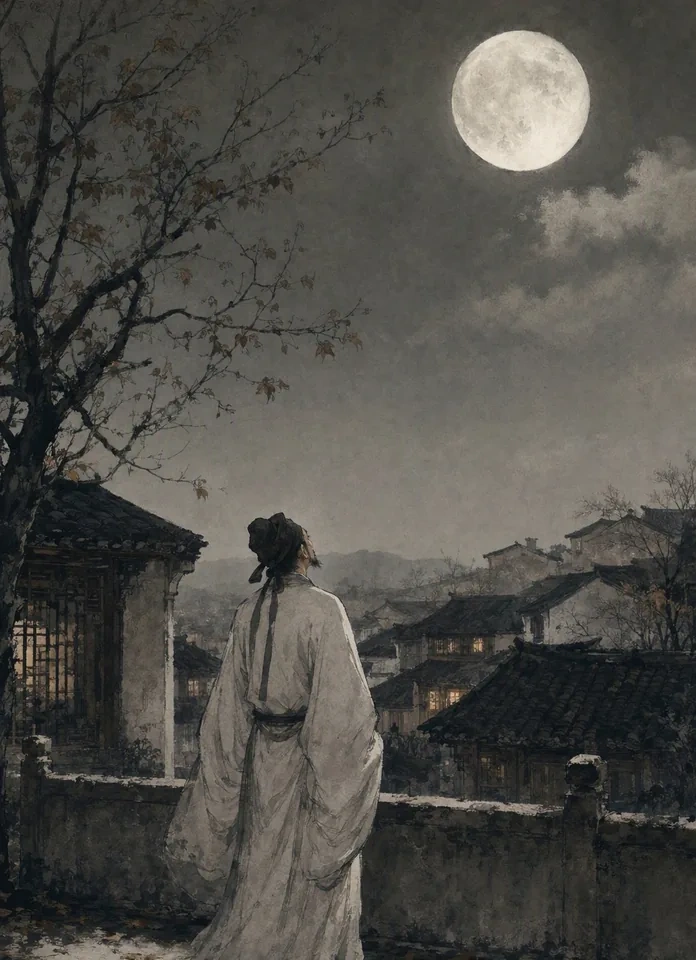 A lone poet in flowing robes seen from behind, gazing up at a full moon above the rooftops of an ancient town
