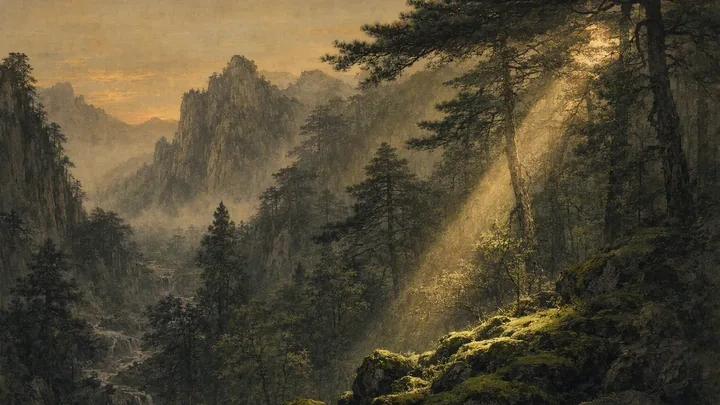 An empty mountain forest at dusk with a single beam of golden sunlight illuminating green moss on dark rocks