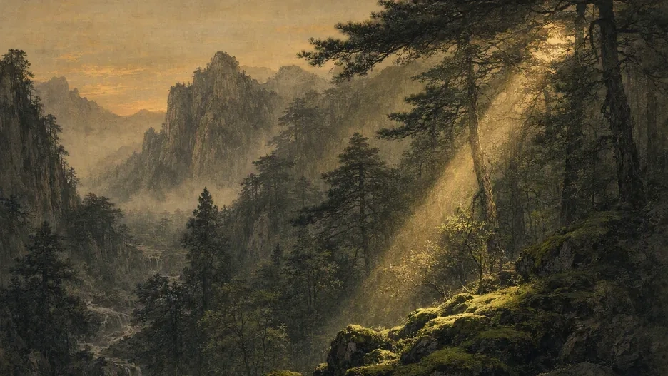 An empty mountain forest at dusk with a single beam of golden sunlight illuminating green moss on dark rocks