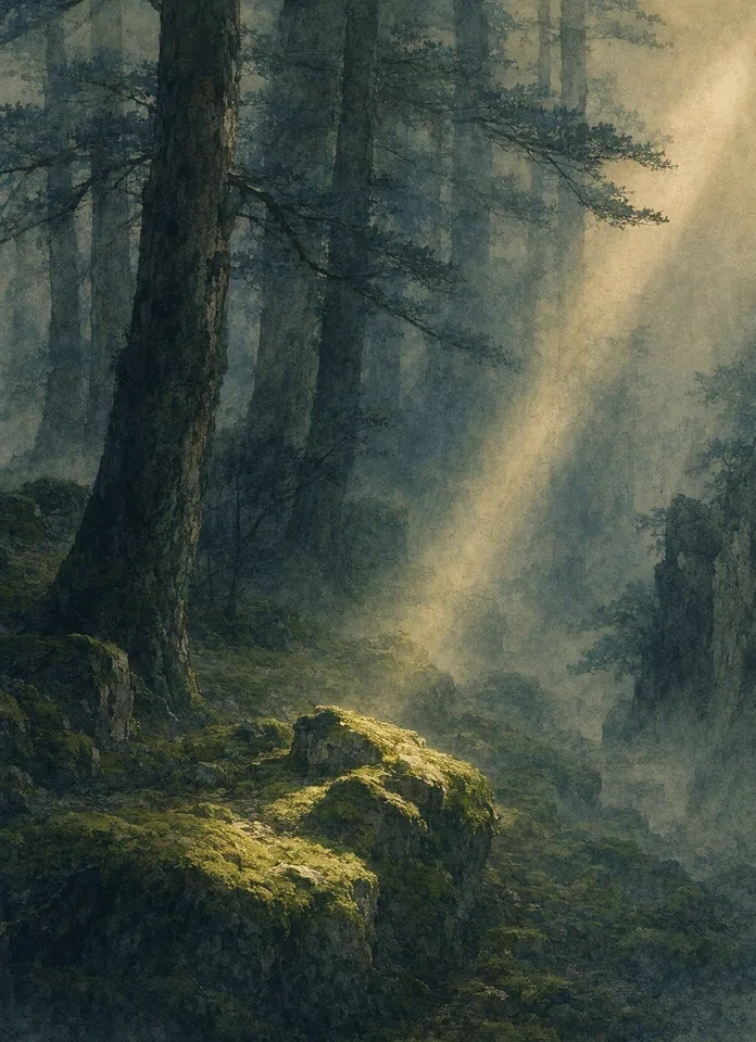 A deep mossy forest with a warm beam of returning sunlight falling on vivid green moss, dark pines fading into mist