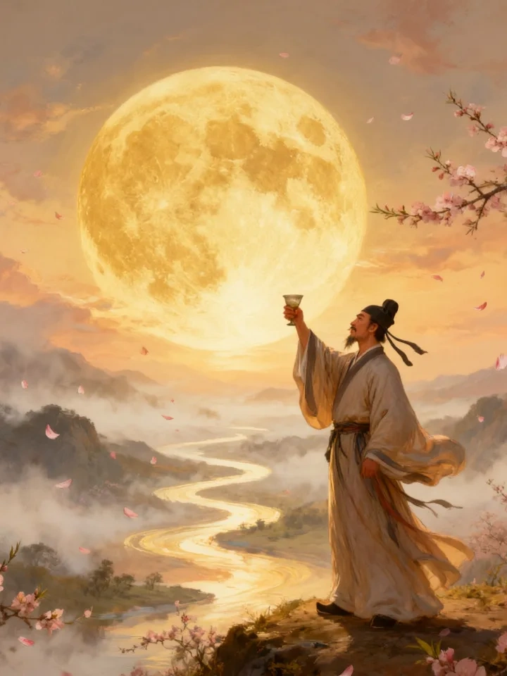 A Tang poet raising a wine cup toward a golden full moon over misty mountains